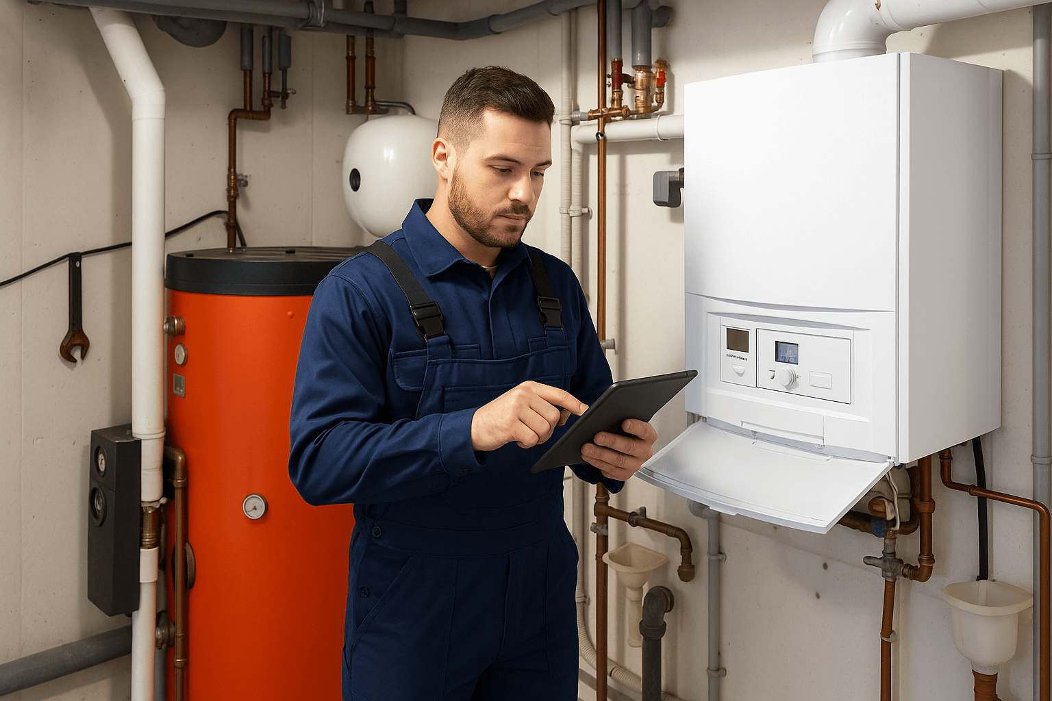 Technician servicing the gas boiler for hot water and heating